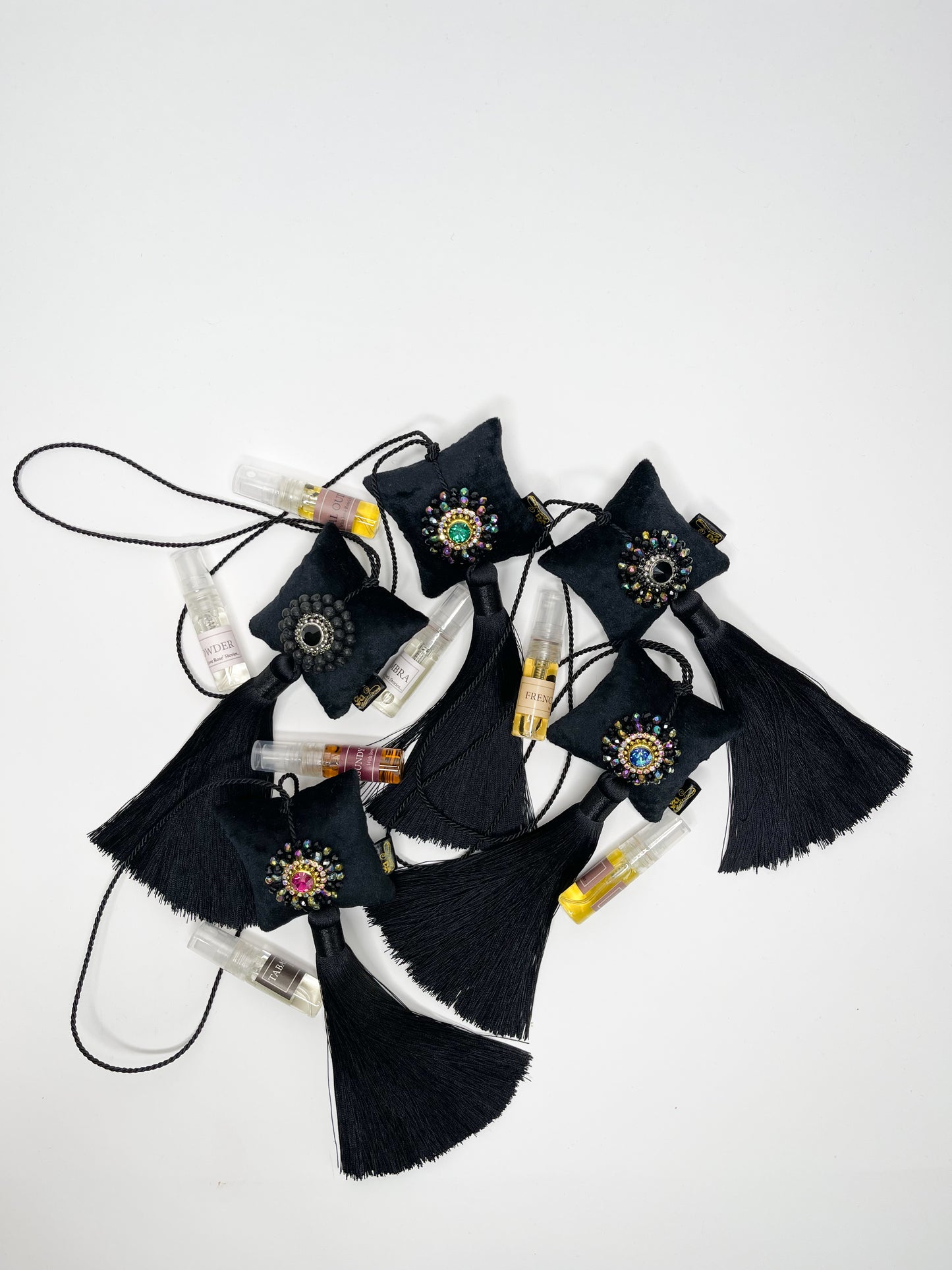 Hanging fragrance with sparkling crystals and long tassel.