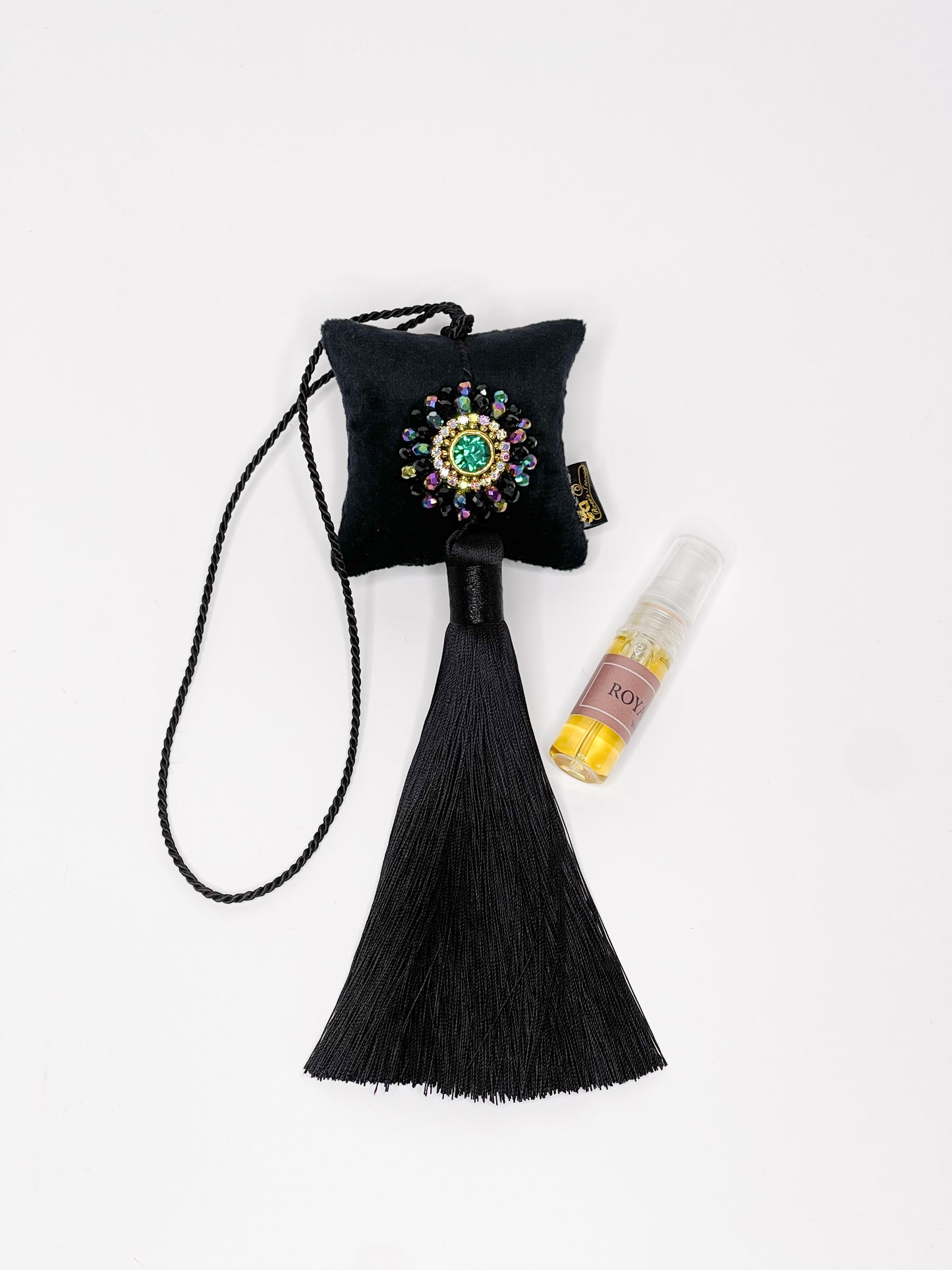 Hanging fragrance with sparkling crystals and long tassel.